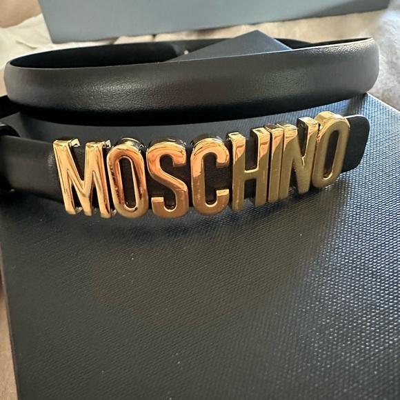 Moschino Black Belt with Gold Logo USED - Picture 1 of 5